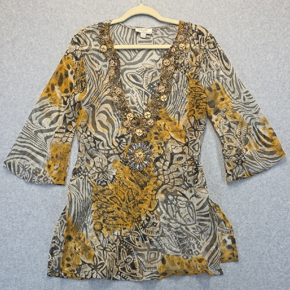 La Effaire Tops - Embellished V-Neck Animal Print Shear Top
